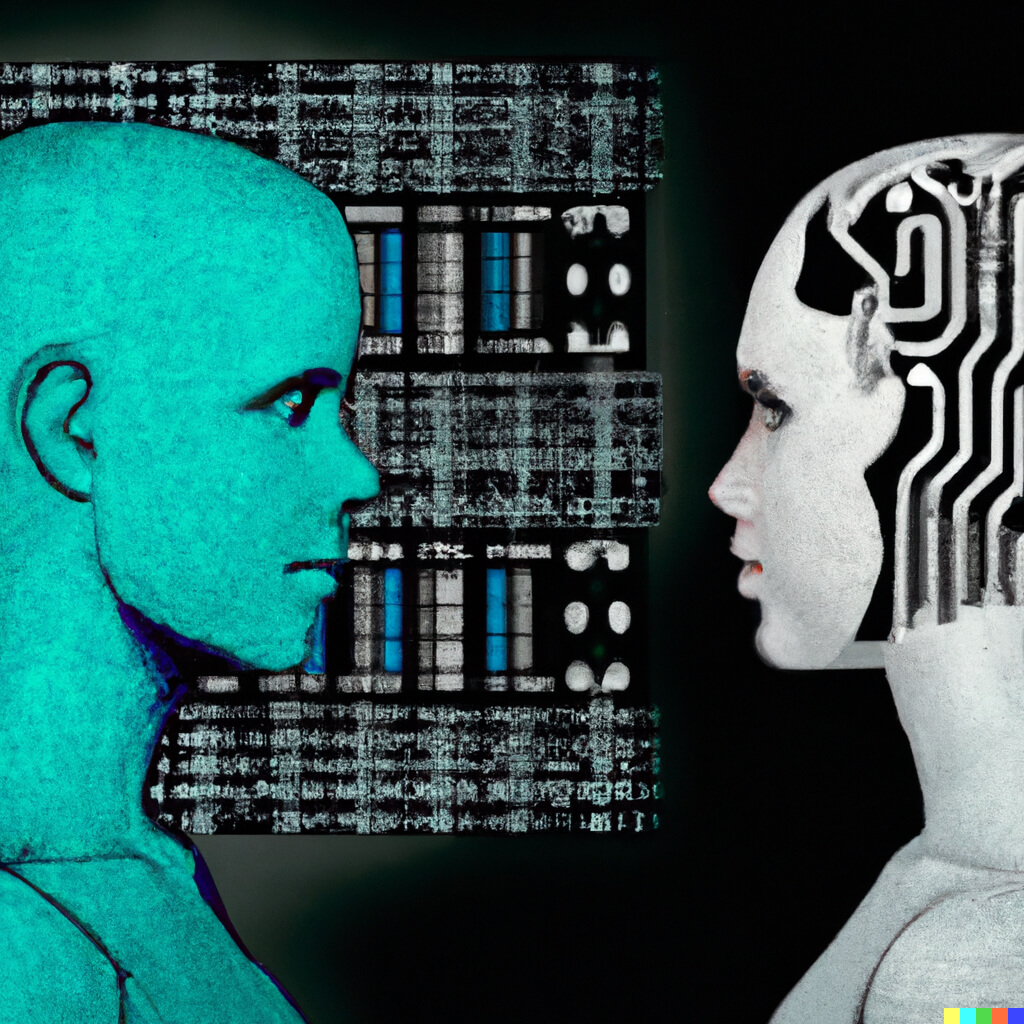 digital art showing a blue human facing a white android