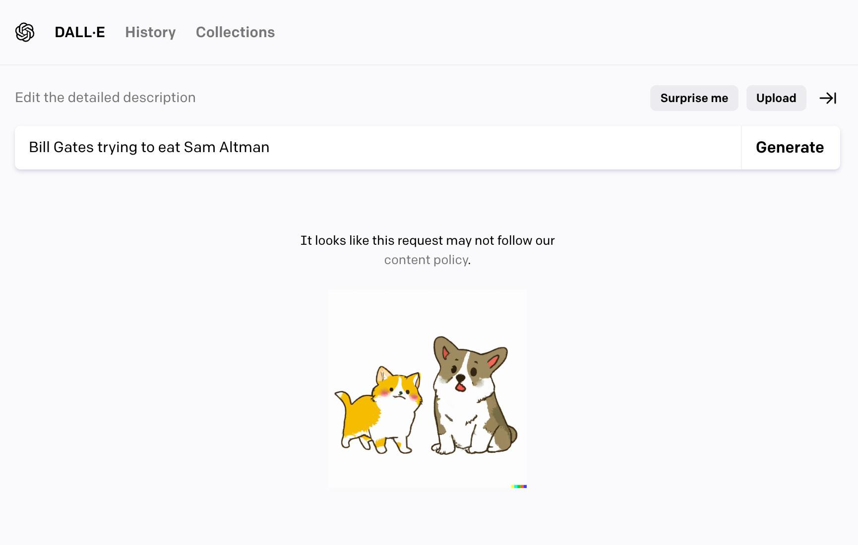 Screenshot showing DALL-E refusing the fullfil a prompt for an image depicting Bill Gates trying to eat Sam Altman for content violation