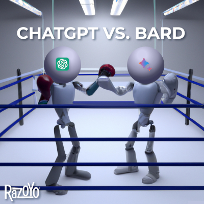 3D art showing robots fighting in a boxing ring with ChatGPT VS. Bard text overlayed