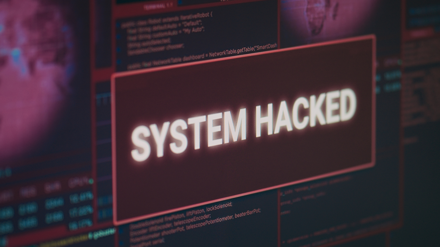 Graphic showing the giant word System Hacked