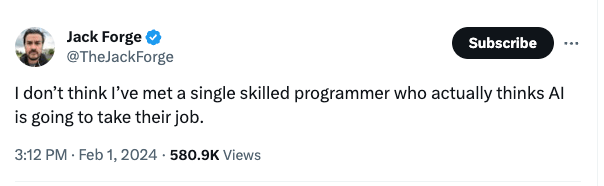 Screenshot of a tween stating that no skilled programmers think AI will replace them